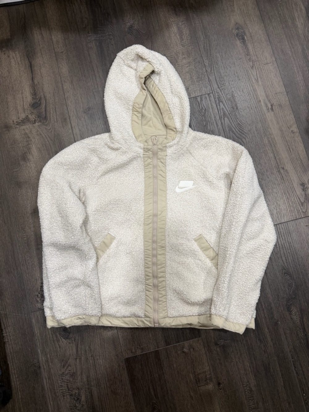 Nike Off-White Sherpa Hooded Jacket with Tan Trim